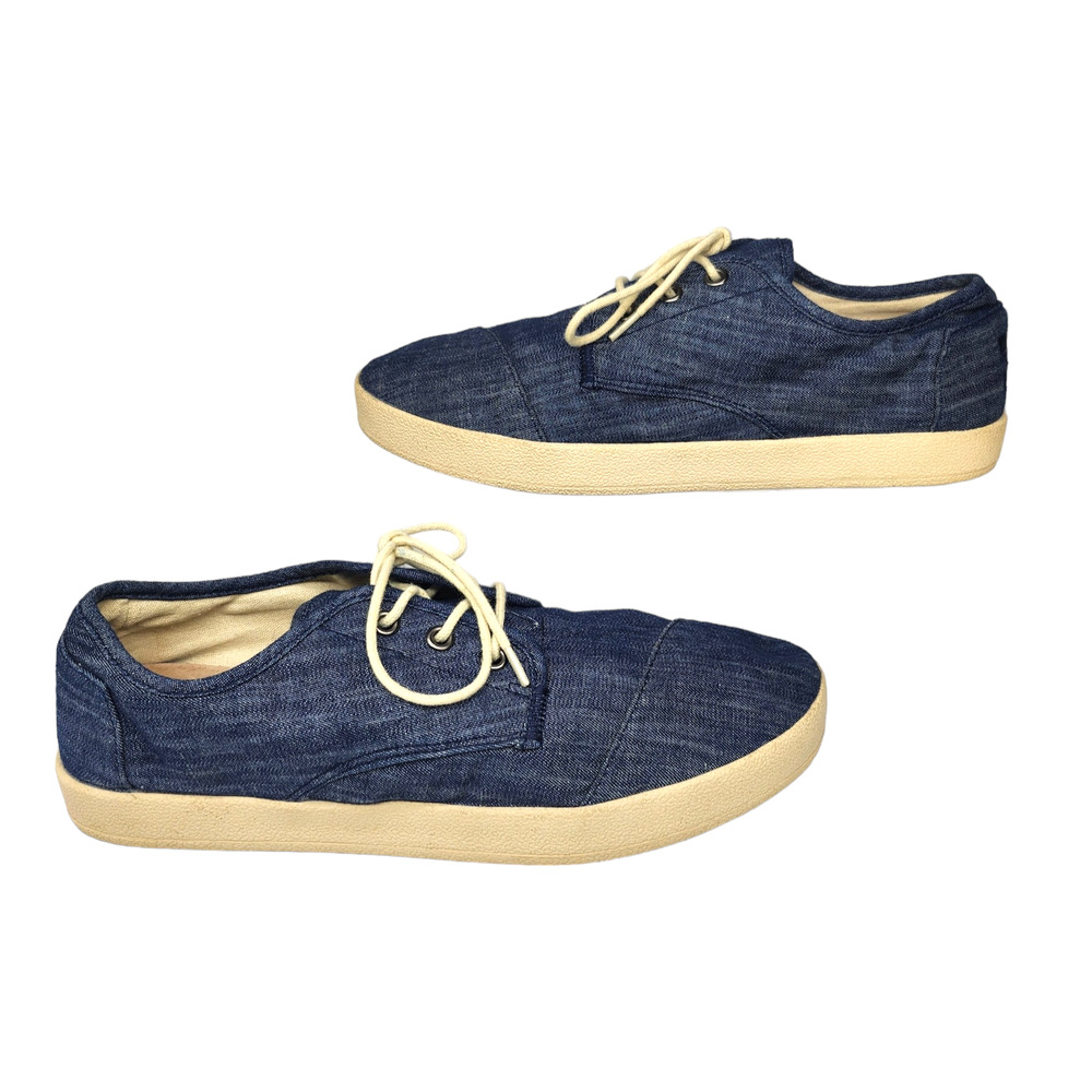 Toms Shoes Mens 9 Blue Denim Fabric Cream Low Tops Comfy Lace Up Sneakers